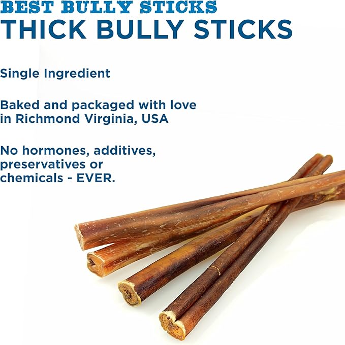 Best Bully Sticks Thick 12 Inch Bully Sticks - 10 Count (Pack of 1) - Natural, Grass-Fed, Single Ingredient, Grain and Rawhide Free, Ideal for Large Dogs
