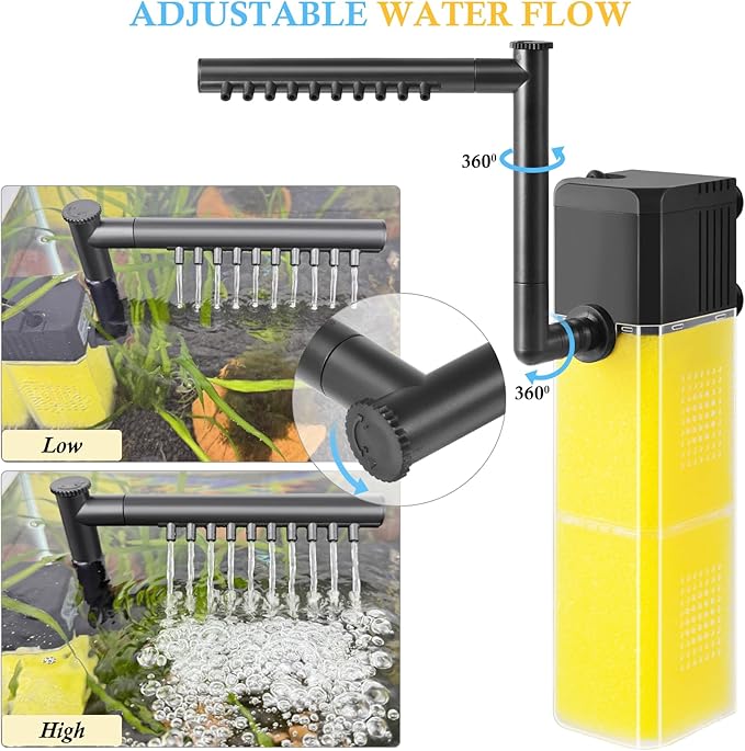 FEDOUR 10W 15W 20W Aquarium Submersible Filter, Quiet Fish Tank Internal Filter with Spray Bar, Powerful Aquarium Filter for 5-80 Gallon Tank (20W for 30-80Gallon)
