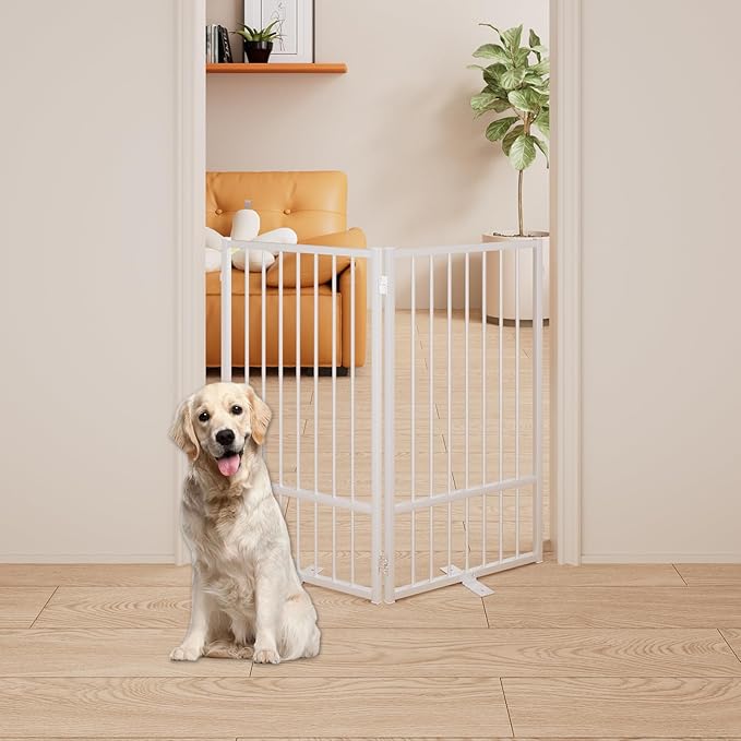 2 Panels Full Metal Freestanding Dog Gates, 40” W x 36” H Folding Pet Gate Fence with Support Feet for Indoor,Stairs, Hallways and Doorways(White)