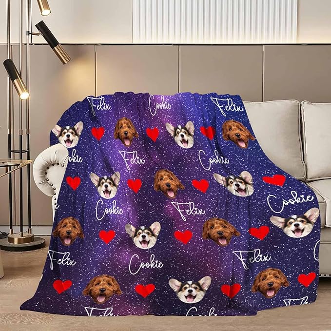 D-Story Custom Blanket with Dogs Pictures & Name Personalized Funny Dog Face Throw Blankets 1-6 Photos Customized Funny Christmas Gag Gift for Friends Dog Dad Mom Birthday Christmas