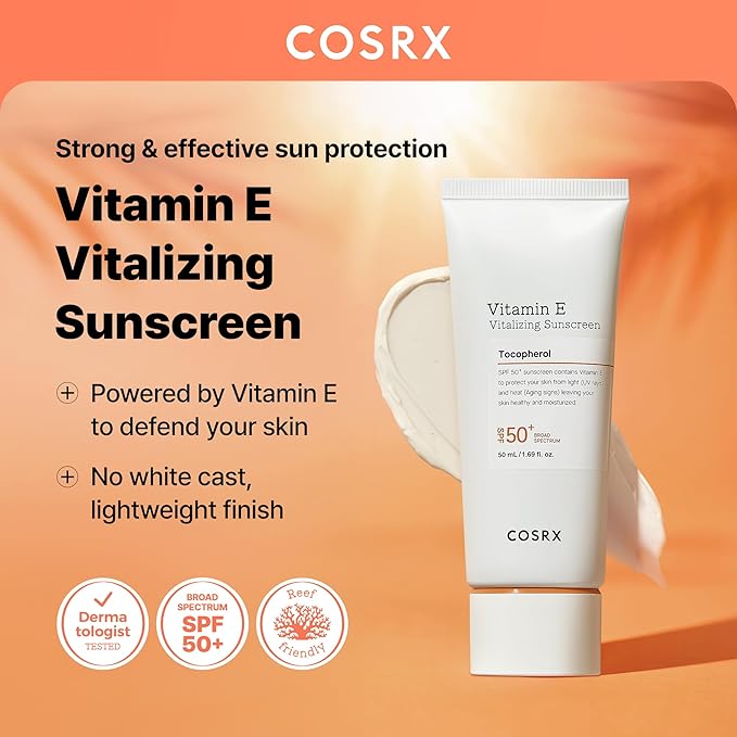 COSRX Vitamin E Vitalizing Sunscreen,SPF 50 Broad Spectrum Face Sunscreen, Lightweight, Non-Sticky, No White Cast, Vitamin E for Antioxidant Care, For All Skin Tones, Korean Skincare, 1.69 fl oz