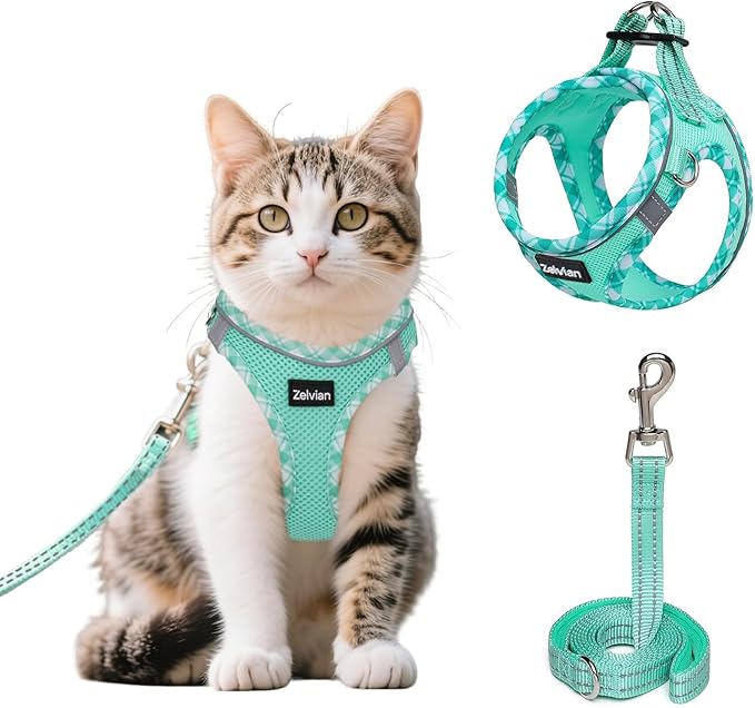 Cat Harness and Leash Set for Walking, Escape Proof Adjustable Soft Mesh Kitten Harness with Reflective Strips, Breathable No-Choke Pet Vest for Small Cats or Puppies(Green,XS)