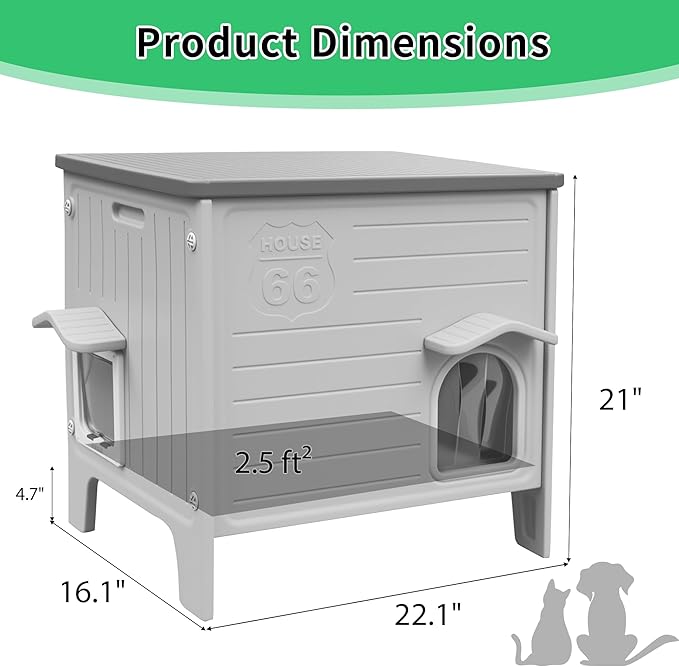 Rockever Insulated Outdoor Cat House, Waterproof Cat House for Outdoor Cats with Escape Door, Plastic Feral Cat House Outdoor Indoor, Spacious and Clean Easily (Grey,M)
