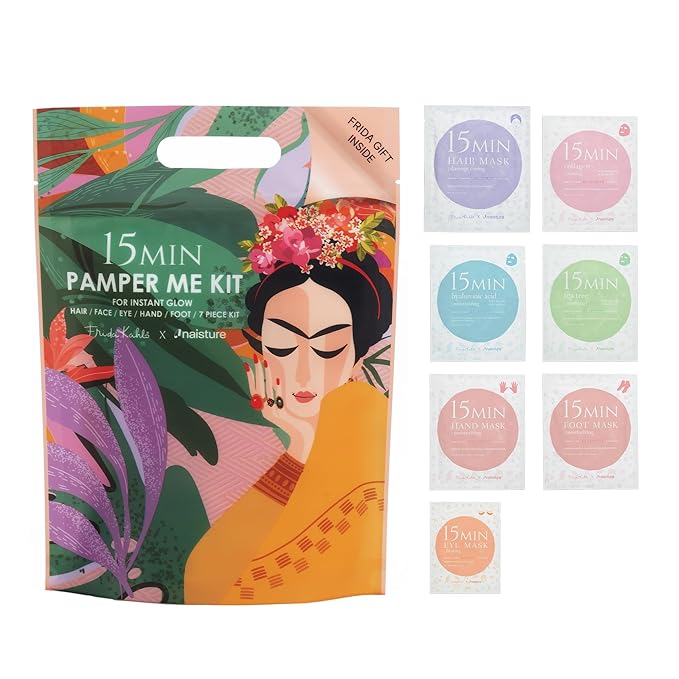 Naisture x Frida Kahlo 15 Min Pamper Me Kit Korean Spa Skincare Gift Set for Women-Head to Toe with Hair, Face, Eye, Hand, Foot Masks, & Bonus Item (8 pcs)