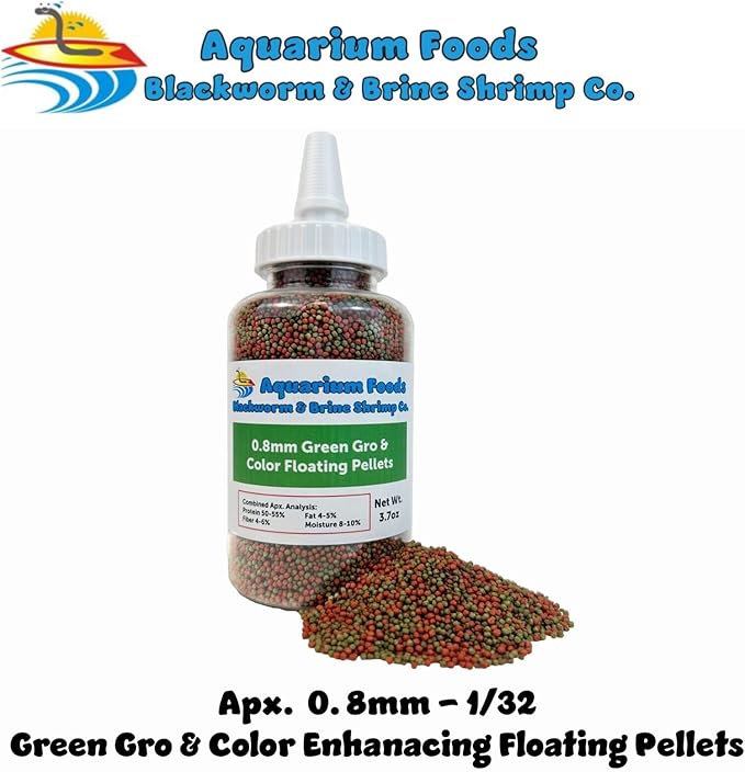 Aquatic Foods Inc. 0.8mm Micro Pellet Mix of Intense Color Enhancing & Spirulina Green GRO Floating Pellets for Guppies, Tetras, Bettas, Nano Fish, Baby Fish…3.7oz Squeeze Bottle