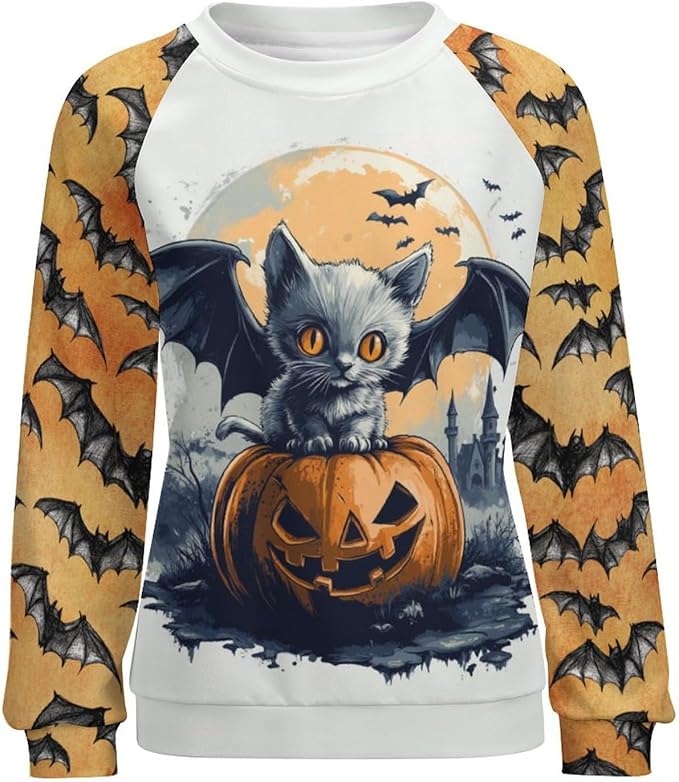 Halloween Sweatshirts for Women Black Cat Print Pullover Crewneck Oversized 2024 Fall Fashion Casual Warm Shirt