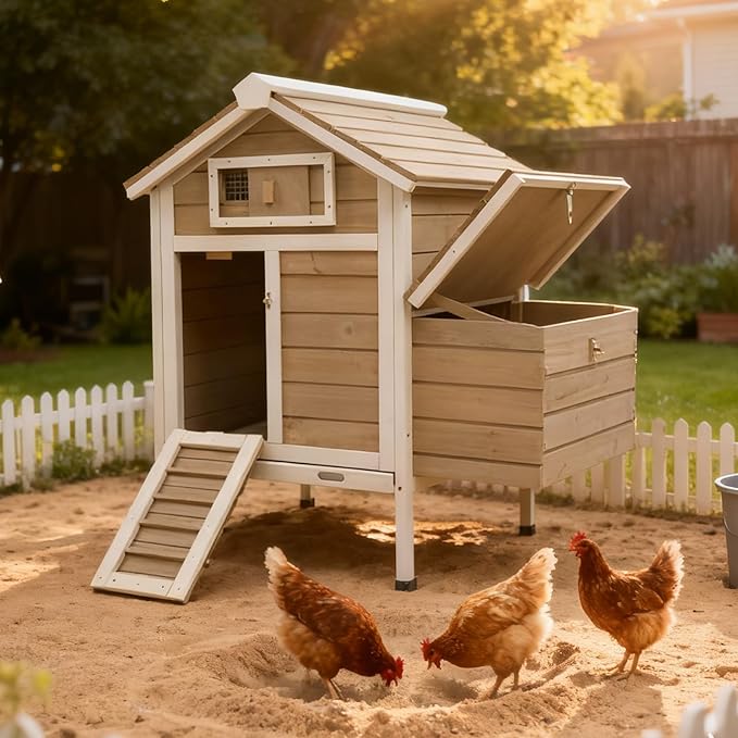 Chicken Coop Outdoor, Wooden Chicken House with 2 Nesting Boxs, Poultry Cage with Leak-Proof Pull-Out Tray, Lockable Ramp Door, Roosting Bars, Easy Assembly（32" L x 23.6" W x 36.6" H