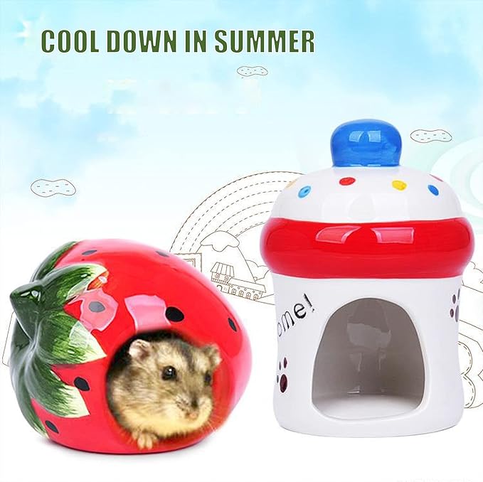 Besimple Hamster Hideout, Small Animal Hideout Ceramic Pet House, Adorable Shape Hamster House Cave Mini Hut Cage Critter Bath House for Chinchilla(Strawberry)