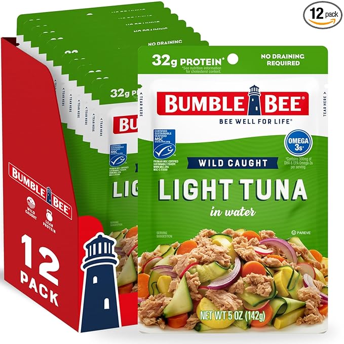 Bumble Bee Chunk Light Tuna in Water, 5 oz Pouches (Pack of 12) - Ready to Eat Wild Caught Skipjack Tuna Packet - 32g Protein per Pouch - MSC Sustainable Seafood, Non-GMO, Gluten Free, Kosher