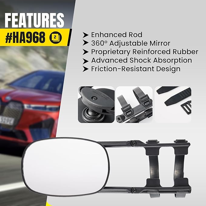 Extended Towing Mirrors V2, Universal Clip-On Tow Mirror Extensions with Upgraded Thick Straps, Enhanced Stability & Wider Fit for Pickups, SUVs, RVs, and Trailers (Model HA968 V2)
