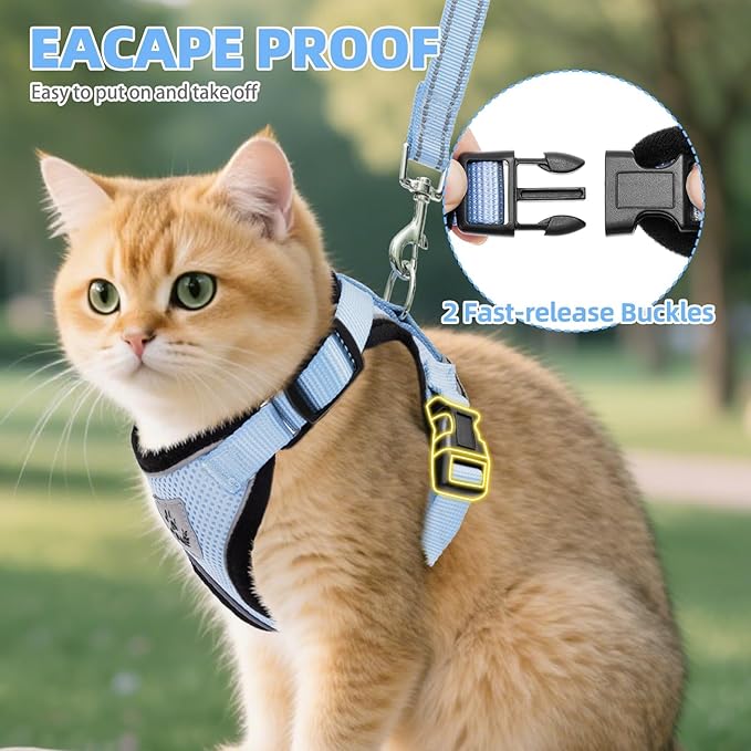 PUPTECK Cat Harness and Leash Set Escape Proof Reflective Cat Walking Harness Adjustable Soft Breathable Mesh Vest for Small Pets, Sky Blue, XS