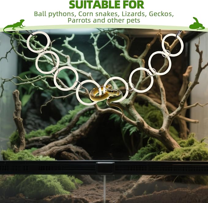 Snake Climbing Chain for Reptile Enrichment, Snake Enclosure Accessories, Safe Smooth Hoop Toys for Ball Pythons, Corn Snakes, Small Reptiles, Tank Accessories for Reptile Enclosures (White)