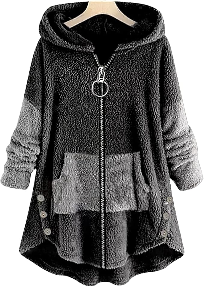 Akivide Women's Oversized Zip Up Sherpa Hoodie Fuzzy Fleece Jacket Cat Kitty Print Lightweight Faux Shearling A Line Coat