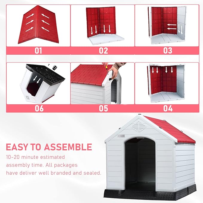 LEMBERI Durable Waterproof Plastic Dog House for Small to Large Sized Dogs, Indoor Outdoor Doghouse Puppy Shelter with Elevated Floor, Easy to Assemble (Red, 34''L*31''W*32''H)