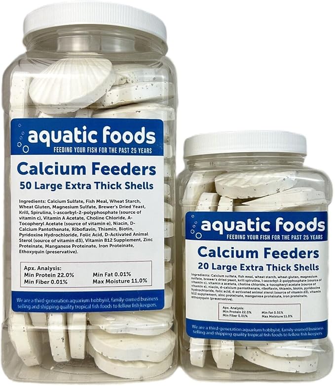 Aquatic Foods Inc. Calcium Feeder Large Shells. Extra Thick Shells for Shrimp, Snails, Crabs, Crayfish, Hermit Crabs and All Tropical Fish…50 Count Jar