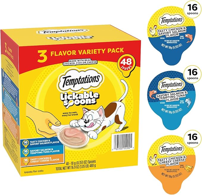 Temptations Lickable Spoons Adult Wet Cat Treats, 48 Spoons, Variety Pack