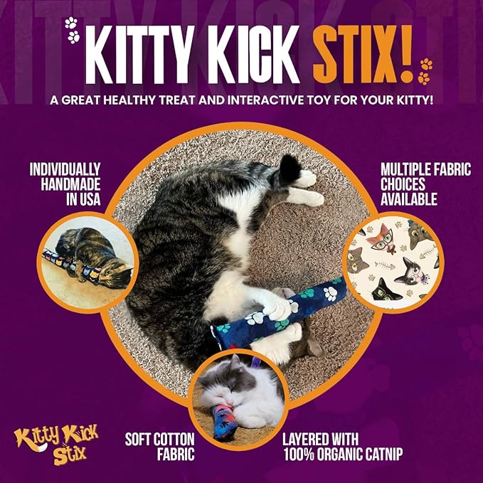 Kitty Kick Stix 15" Catnip Kicker Toy – Set of 2 | Handmade in USA | Interactive Cat & Kitten Toy | Durable Kicker Packed with 100% Potent Catnip for All Breeds (Paws Paws Paws)