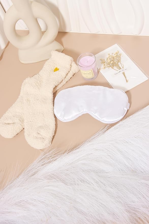Spa Gift Set for Women – Relaxation Kit with Candle, Fuzzy Socks, Satin Eye Mask, Dried Flower Greeting Card – Gift Box for Birthday, Thank You, Bridesmaid (Ivory White)