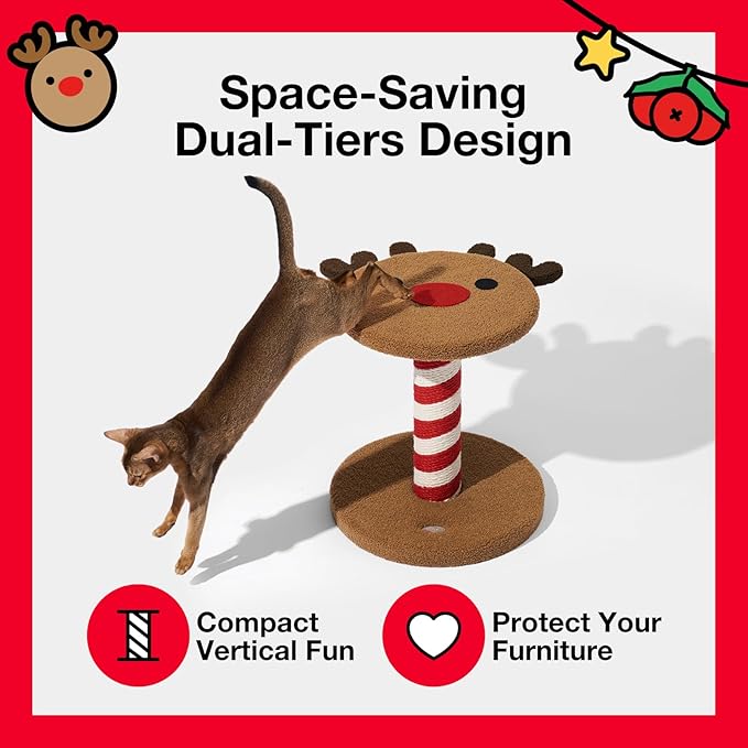 VETRESKA 18.1" Reindeer Cat Scratching Post, Two-Layer Soft Plush Platforms, Space-Saving Kitten Christmas Cat Scratch & Rest Furniture, Holiday Decoration