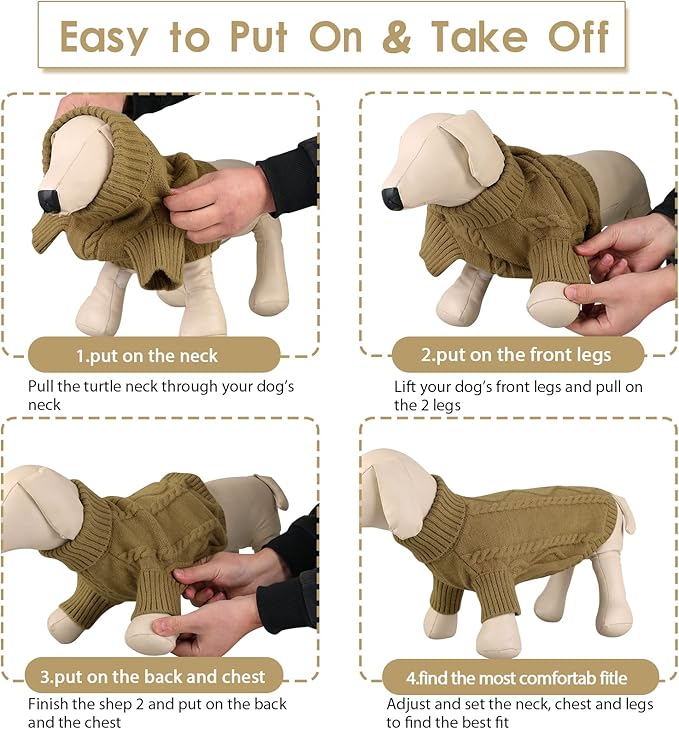 Queenmore Small Dog Pullover Sweater, Cold Weather Cable Knitwear, Classic Turtleneck Thick Warm Clothes for Chihuahua, Bulldog, Dachshund, Pug (Light Brown, Small)