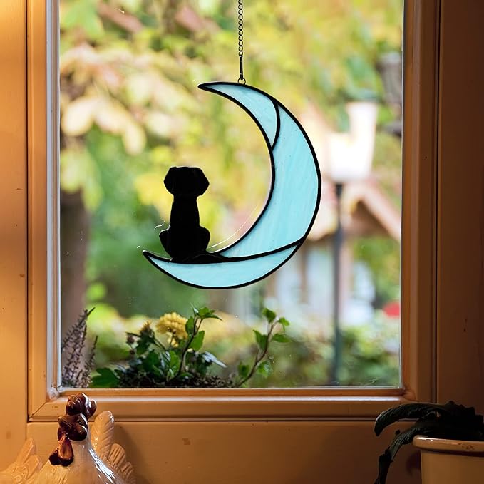 BOXCASA Loss of Dog Sympathy Gift,Stained Glass Dog on Moon Suncatcher Gifts,Black Dog Memorial Gifts for Pet Loss Gifts,Pet Sympathy Gifts for Dog Lovers