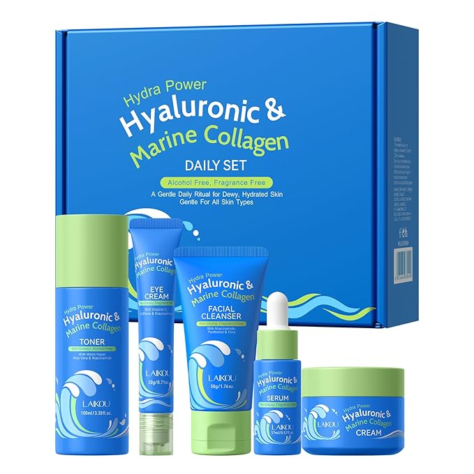 LAIKOU Hydra Power Skin Care Set - Hyaluronic & Marine Collagen Skin Care - Skin Care Kit with Facial Cleanser, Serum, Toner, Cream, Eye Cream - Non-Greasy, Fragrance Free - Beauty Gift