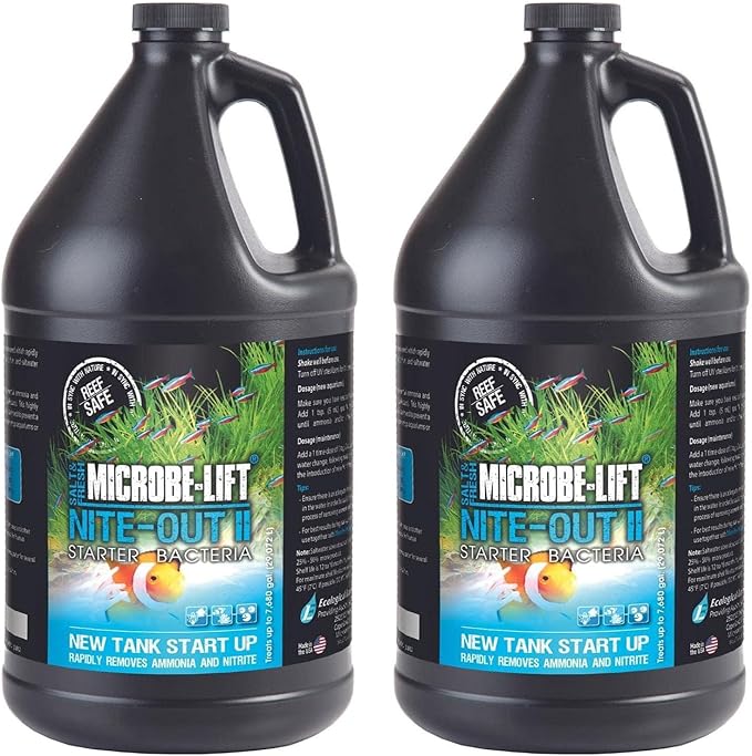 MICROBE-LIFT Nite-Out II Aquarium Bacteria for Start-up, Instantly Cycle Aquariums, Add Fish on Day 1, Rapid Ammonia and Nitrite Reducer for Freshwater & Saltwater Fish Tank, 1 Gallon 2-Pack