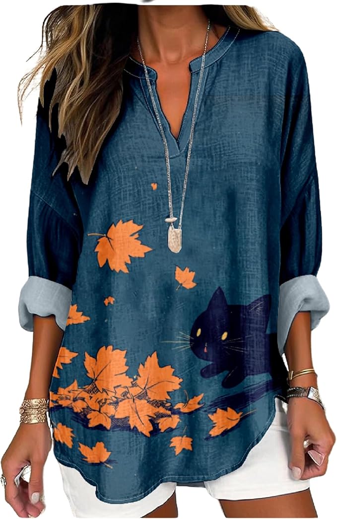 MARSVOVO Cat Shirts for Women Long Sleeve Cute Cat Pullover Graphic Novelty V Neck Blouse Oversized Funny Tunic Tops