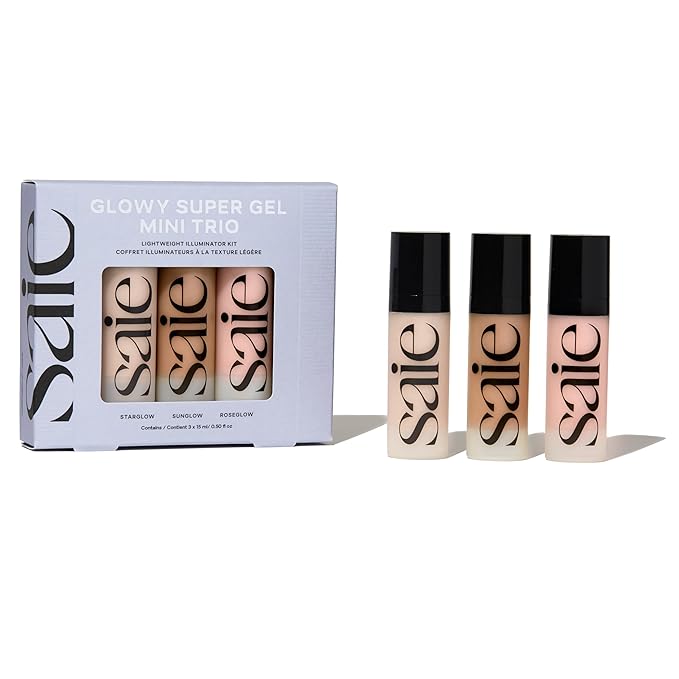 Saie Mini Glowy Super Gel Trio Gift Set - Lightweight Makeup Primer & All-Over Liquid Highlighter for Instant Glowy, Glass Skin - With Glycerin & Squalane - Starglow, Roseglow & Sunglow (0.5 oz Each)