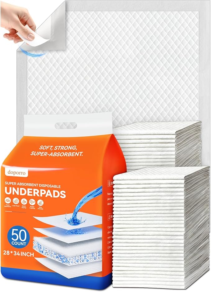 50 Count 28" x 34" Disposable Underpads for Adult, Baby, Puppy & Dogs with Anti-Slip Adhesive Tabs, Super Absorbent Quick Drying Leak-Proof, Incontinence Bed Pads for Adult & Baby, X-Large