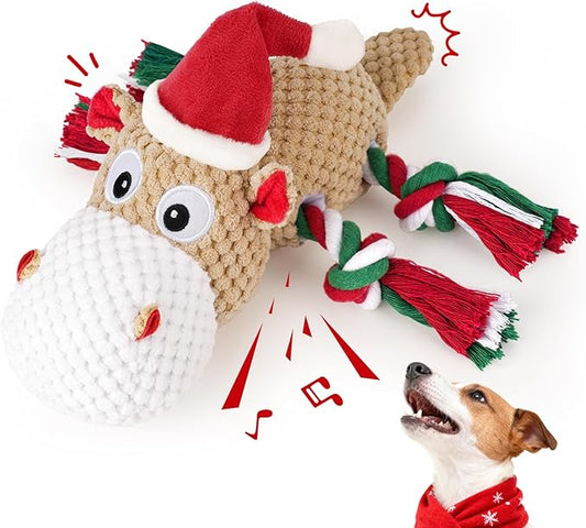 Christmas Dog Toys for Large Dogs - Squeaky Hippo Plush Dog Toys with Crinkle Paper, Cotton Ropes for Tug Games, Ideal Xmas Gift