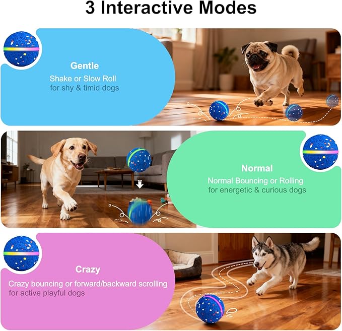 Interactive Dog Toys Dog Ball, Durable E-TPU Material,3 Play Modes with Colorful Lights, Automatic Moving, Bouncing and Rotating for Medium and Large Dogs Indoor & Outdoor (Blue)