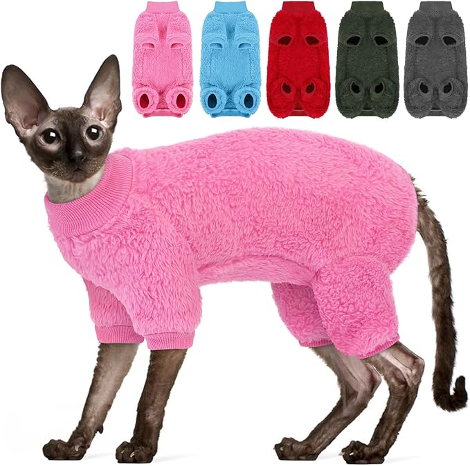 SUNFURA Sphynx Hairless Cat Sweater, Full Body Warm Fleece Sweaters with Sleeves for Cats, Soft Turtleneck Cat Clothes, Cozy Pullover Pajamas for Hairless Cats Devon, Donskoy & Small Dogs, Hot Pink L