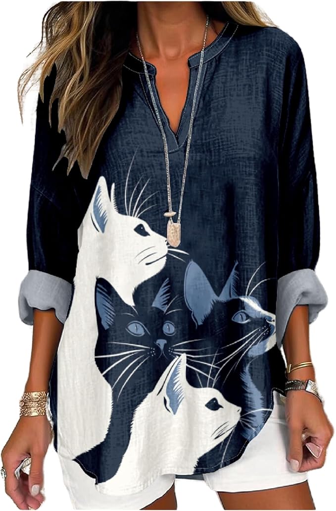 MARSVOVO Cat Shirts for Women Long Sleeve Cute Cat Pullover Graphic Novelty V Neck Blouse Oversized Funny Tunic Tops