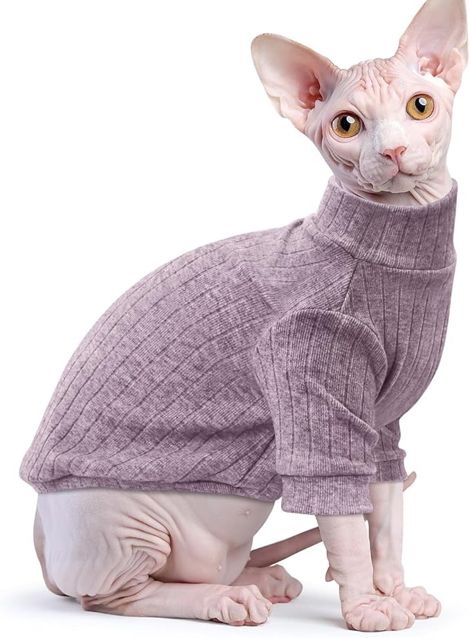 Idepet Sphynx Hairless Cats Sweater Shirt Kitten Soft Puppy Clothes Pullover Cute Cat Pajamas Jumpsuit Cotton Apparel Pet Winter Turtleneck for Cats and Teacup Chihuahua Small Dogs(Purple,XL)