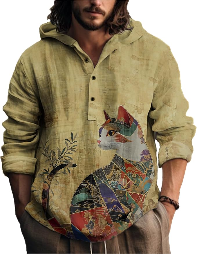 MARSVOVO Japanese Art Animal Hooded Shirt for Men Long Sleeve Quarter Button Lightweight Hoodie Cool Streetwear Tops