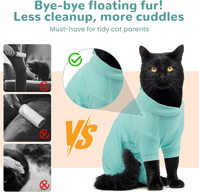 Sticky Hair Cat Clothes, Breathable & Lightweight, Reduces Shedding Fur Pajamas, Full Body Long Sleeve Surgical Bodysuit, Stop Licking & Shedding Blue S