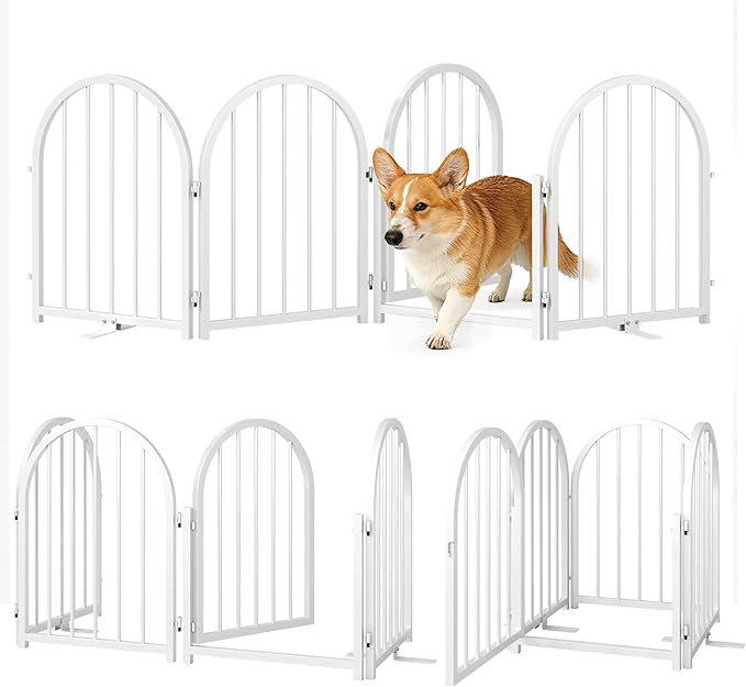 Full Metal Dog Gate with Door for Indoor Outdoor, 24" Tall Free Standing Pet Dog Fence, 72" Extra Wide Pet Gates for Stairs, Hallways, Doorways, Kitchen, Decks, Yards (White, 4 Panels)