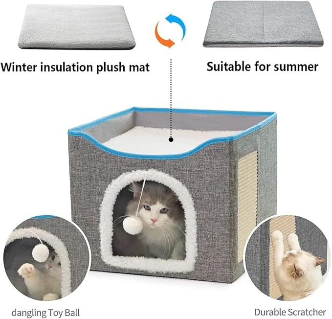 Foldable cat Bed, Cat Beds for Indoor Cats, Large Cat Cave for Pet Cat House with Fluffy Ball Hanging and Scratch Pad, Providing Entertainment for Cats (Grey, Single)
