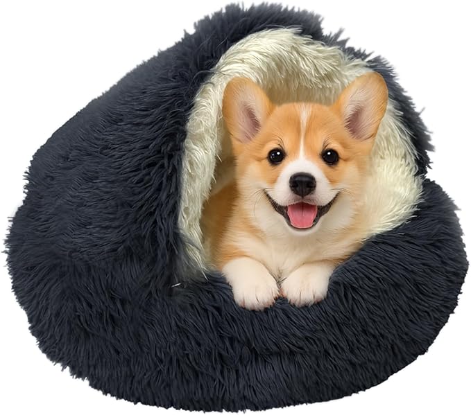 ShinHye Cat Bed Round Plush Fluffy Hooded Cat Bed Cave, Cozy for Indoor Cats or Small Dog beds, Soothing Pet Beds Doughnut Calm Anti-nxiety Dog Bed - Waterproof Bottom Washable (23×23inch, Dark Grey)