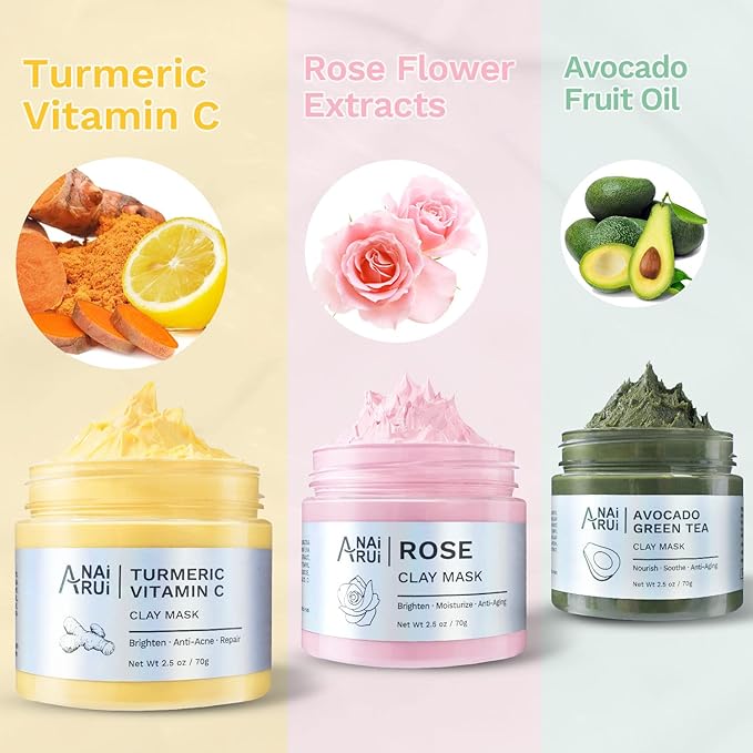 ANAI RUI 3 Pack Clay Mask Set Turmeric Vitamin C Clay Mask -Rose Facial Mask -Avocado Green Tea Mud Mask Smoothing, Hydration & Glow,Spa Gift Set, Self Care for Women Teens 2.5 oz Each