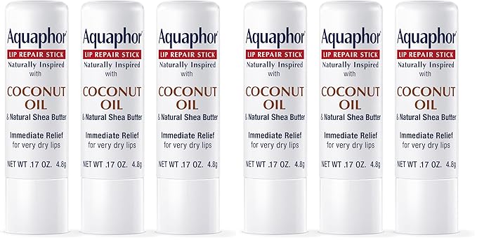 Aquaphor Naturally Inspired Lip Repair Stick with Coconut Oil and Natural Shea Butter, Hydrating Lip Balm Immediately Relieves Dryness and Soothes Chapped Lips, 0.17 Oz Stick, (Pack of 6)