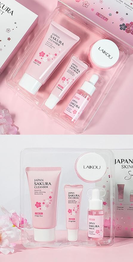 Travel Skincare Kit - Sakura Gentle Korean Skin Care Set for Teen Girls & Women | Hydrating Cleanser, Anti-Aging Serum, Moisturizer, Eye Cream - Radiant Skin Mini Holiday Box Gift (4PC)
