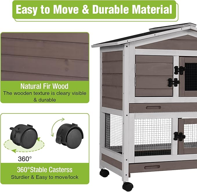 Wooden Rabbit Hutch Indoor and Outdoor with Waterproof Roof, Mobile Rabbit Cage with Wheels, 2-Story Bunny Cage with Leak Proof Tray and Chew Proof Ramp (Brown)