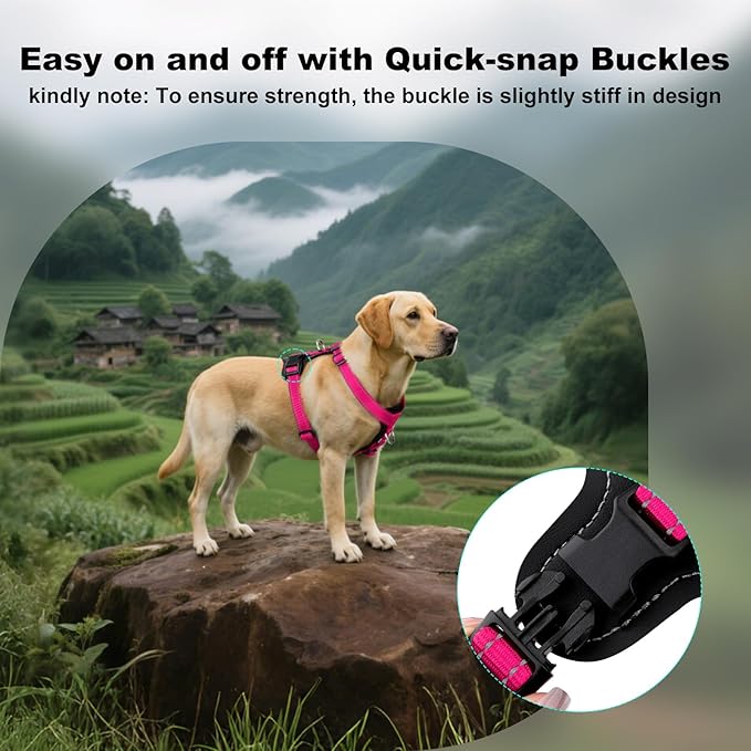 Plutus Pet Adjustable No Pull Dog Harness with Leather Accents, Heavy Duty Reflective Nylon Vest for Training, Hiking, Easy Walk Harness for Small, Medium, Large Dogs (Hot Pink, L)