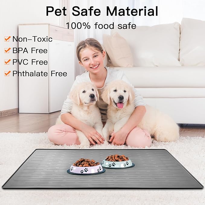 39.4"x29.5" Largest Pet Food Mat, Silicone Dog Mats for Food and Water, Nonslip Pet Feeding Mats for Floors,Dog Cat Bowl Mat with Raised Edges, Gray Green