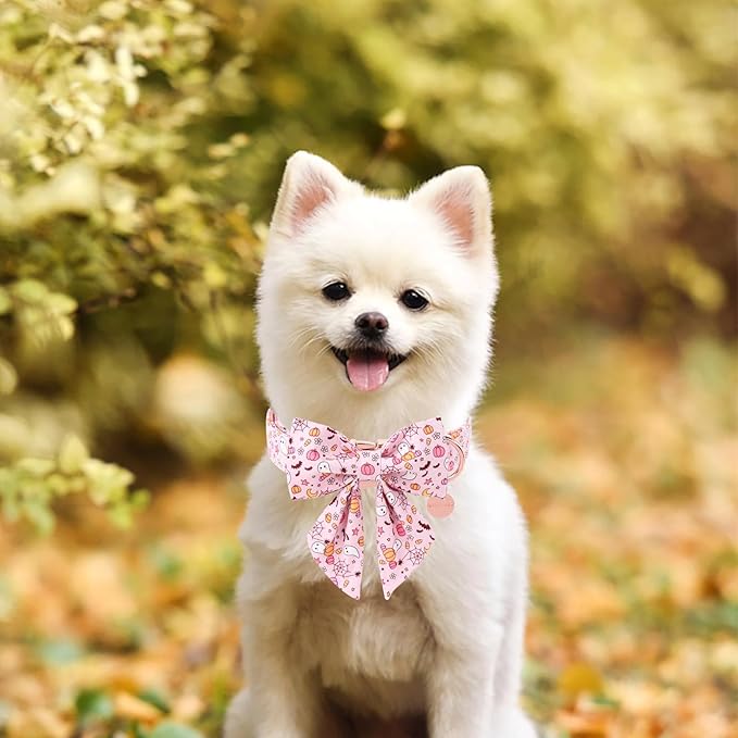 Halloween Dog Collar with Flower, Pink Halloween Puppy Flower Collar with Adjustable Metal Buckle,Fancy Halloween Dog Collar Bowtie Gift for Girl Boy Dog,L