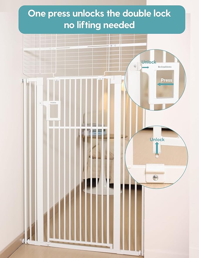 No Pawblems Upgraded 71" Extra Tall Pet Gate for Cat, 29-43" Auto Close Cat Gate for Doorways/Stairs/Hallways, NO Drilling Pressure Mounted Tall Dog Gate Indoor, 1.37" Pet-Safe Gap, White