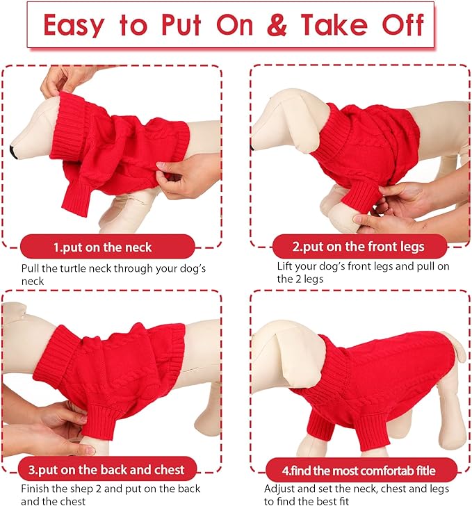Queenmore Small Dog Pullover Sweater, Cold Weather Cable Knitwear, Classic Turtleneck Thick Warm Clothes for Chihuahua, Bulldog, Dachshund, Pug (Red, X-Small)