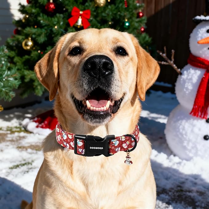 DOGWONG Red Christmas Dog Collar, Cute Snowman Dog Collar Durable Soft Fabric Pet Dog Collars Boy Puppy Necklace for Small Medium Large Dogs,Large